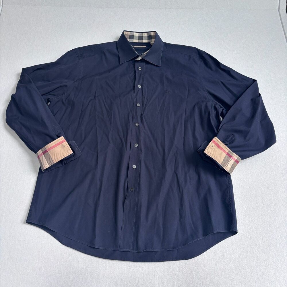 Burberry Brit Nova Check Button Up Shirt Mens XL Classic Navy Blue Long Sleeve